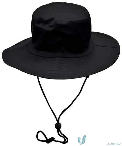 Black h1035 surf hat with break-away strap and chin strap for sun protection