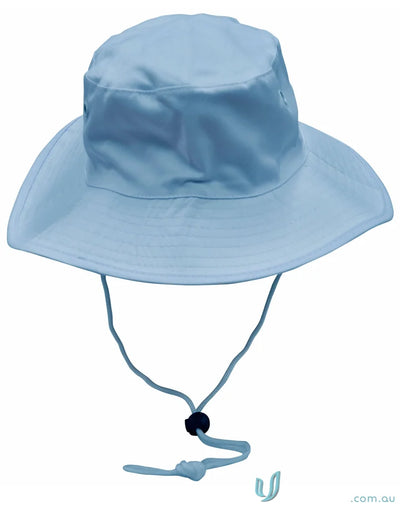Light blue h1035 surf hat with break-away strap and chin strap for sun protection