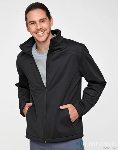 Black sustainable softshell jacket with zip closure, ideal for corporate comfort