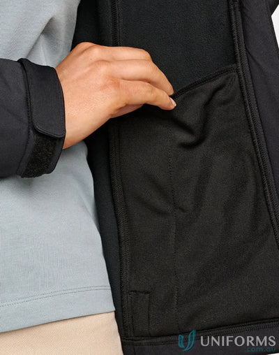 Black Sustainable Softshell Jacket with mesh pocket and zip closure softshell design