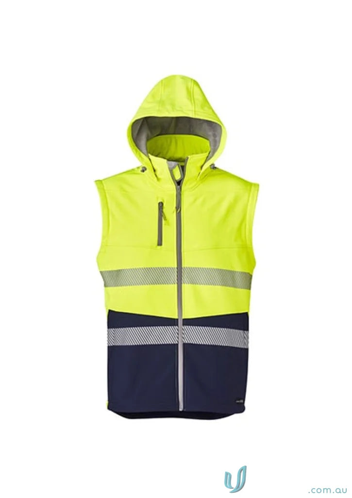 High-visibility hooded safety vest on Syzmik Streetworx 2-in-1 stretch softshell jacket