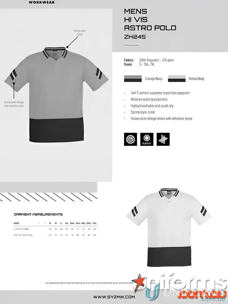 Mens hi-vis astro short sleeve polo shirt from Syzmik with Zh245 sleeve polo design