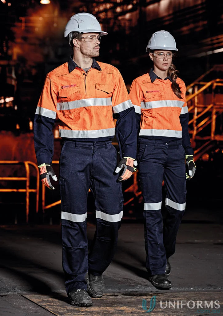 Two workers in high-vis taped cargo pant from SYZMIC FIRE ARMOR WOMENS ORANGE line
