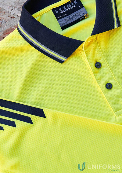 Yellow flux long sleeve polo shirt from Syzmik Men’s Syzmic HiVis Flux LS Polo
