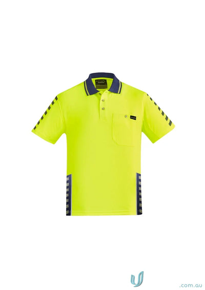 Neon yellow Syzmik Men’s Vis Komodo Sleeve Polo ZH320 with reflective stripes