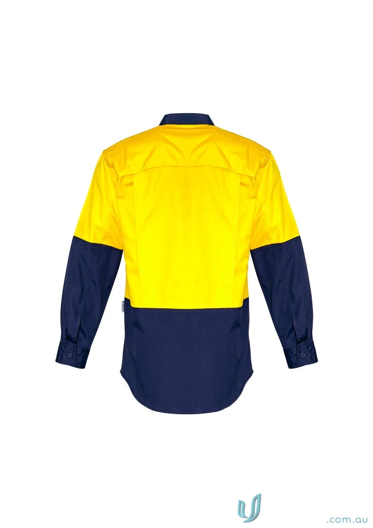 Yellow and navy blue work shirt from Syzmik Mens Rugged Cooling Vis Shirt ZW128, durable stress point design