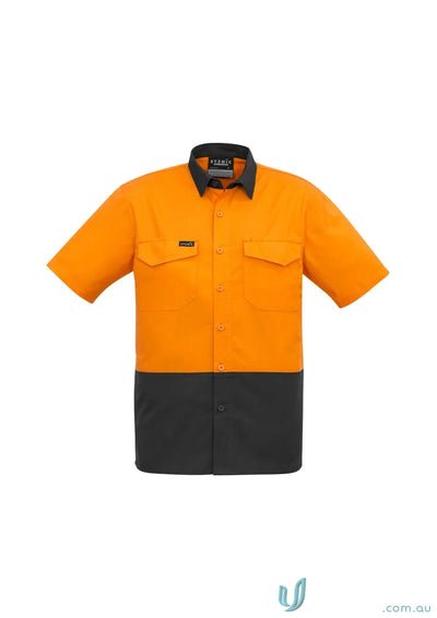 Orange and black Syzmik men’s rugged Vis short sleeve work shirt for tough jobs