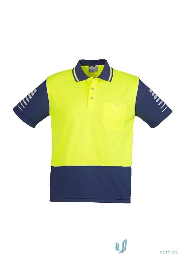Two-tone safety polo shirt with reflective piping from Syzmic HiVis Zone SS Polo featuring short sleeves and sleeve polo zh236