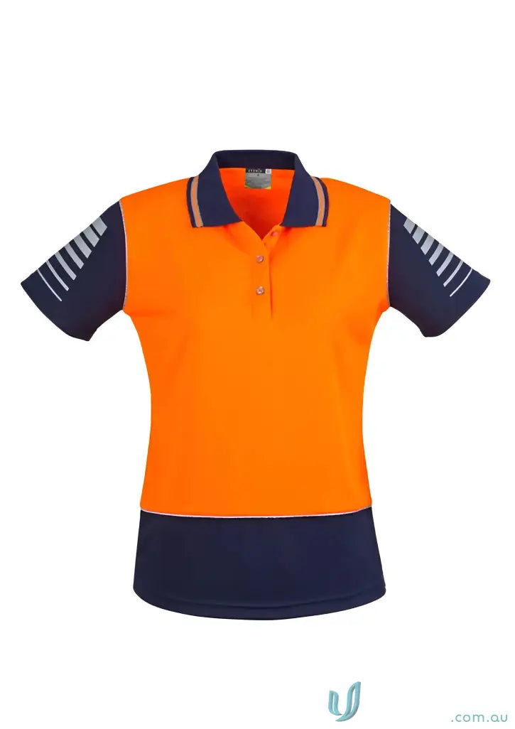 Orange and navy blue Syzmik Womens safety polo with 3M reflective piping and filament supreme microfibre