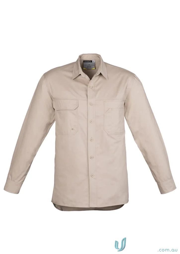 Beige Syymik mens lightweight tradie long sleeve cotton twill shirt