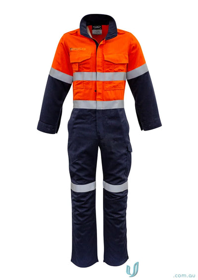 Orange and navy blue reflective work jumpsuit from Syzmics Mens Orange Hoop Taped ZC525, providing all-day comfort