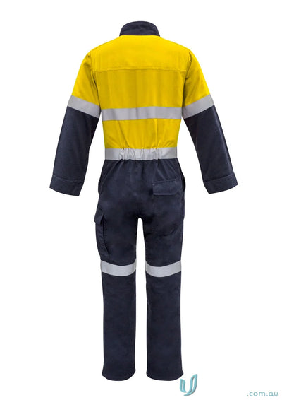 Yellow and navy blue reflective work jumpsuit from Syzmics Mens Orange Hoop Taped ZC525 for all-day comfort