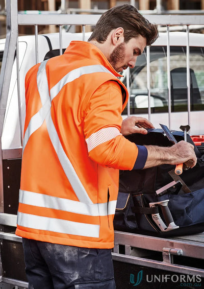 Orange high-vis work jacket from Syzmic RAIL BioMotion softshell jacket zj680 for work environment