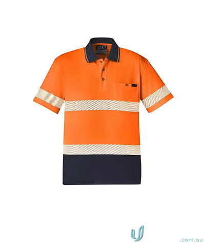 Orange and navy blue safety polo shirt with vis segmented tape, short sleeve polo zh535