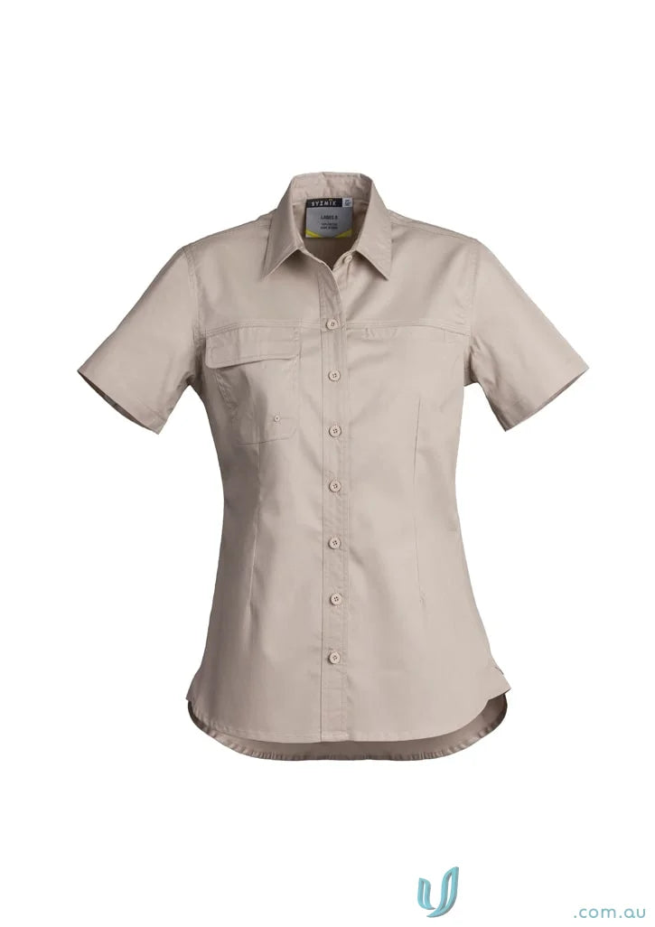 Beige Syzmik women’s lightweight cotton twill tradie short sleeve shirt for women