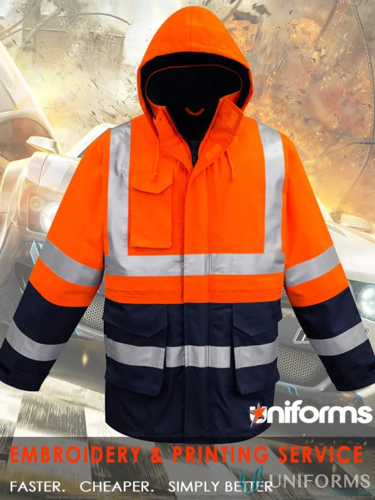 Orange and navy Syzmik Fire Armour waterproof jacket, mens orange flame arc rated antistatic style