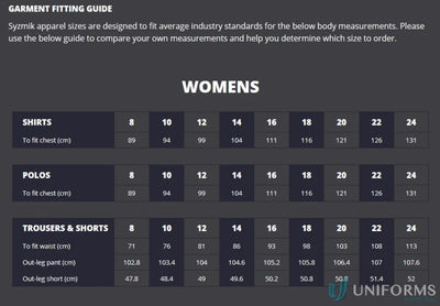 Womens garment fitting guide for Syzmik Fire Armour taped spliced shirt with hooped design