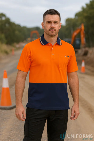 Men’s orange navy two-tone polo shirt with chest pocket, cotton short sleeve, hivis cotton Syzmik
