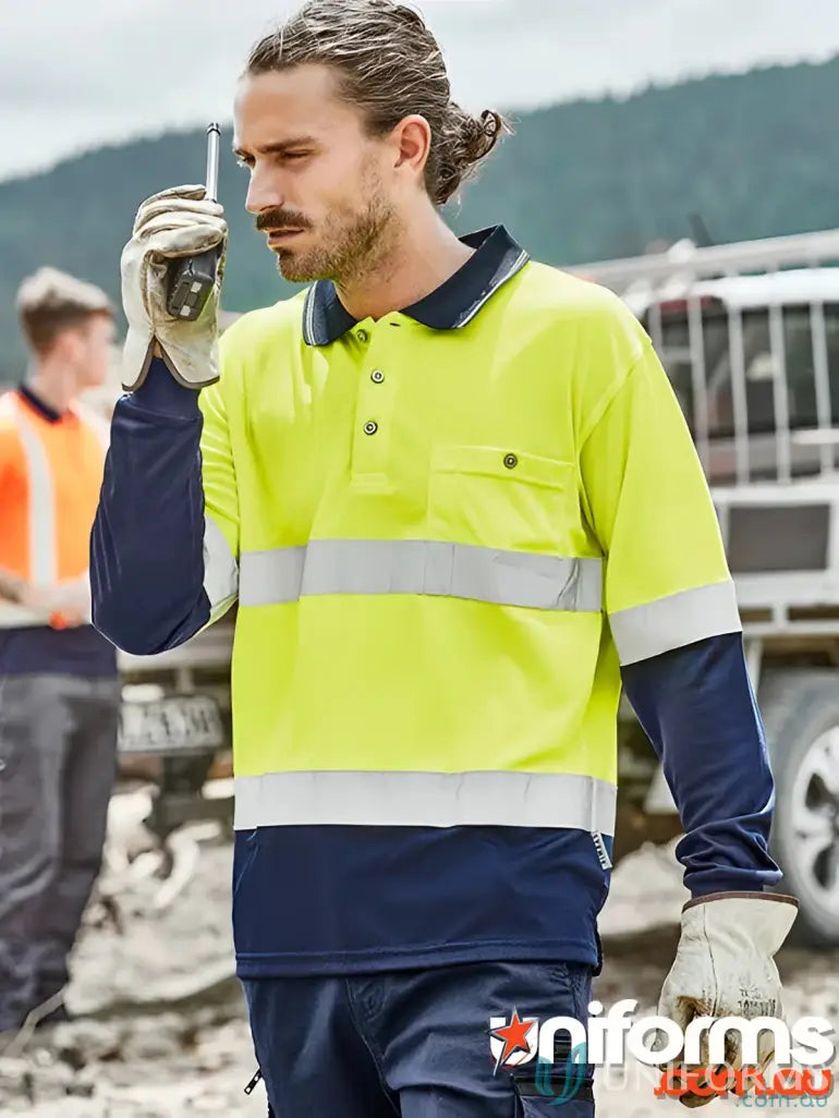 High visibility vis spliced long sleeve hoop taped work shirt by Syzmik Mens