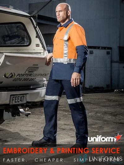 Man in workwear wearing Syzmik Mens Industrial Long Sleeve Shirt with shoulder taped zw124 and reflective tape