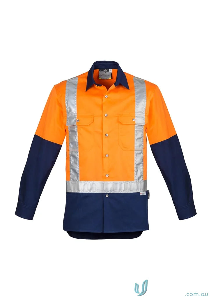 Orange and navy blue syzmik mens industrial shoulder taped zw124 work shirt with reflective tape