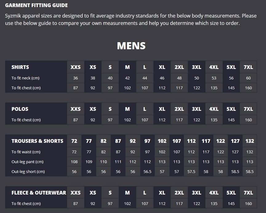 Syzmic Rugged Cooling HiVis Segmented Tape Shirt size chart