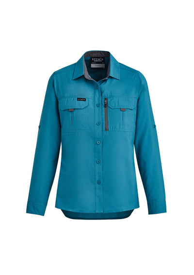 Syzmik women’s outdoor long sleeve shirt zw760 with teal chest pockets