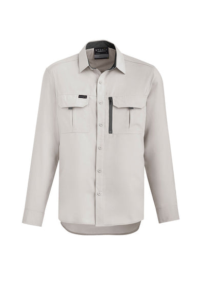 Syzmik Outdoor LS Shirt: beige mens outdoor long sleeve with pockets, zipper