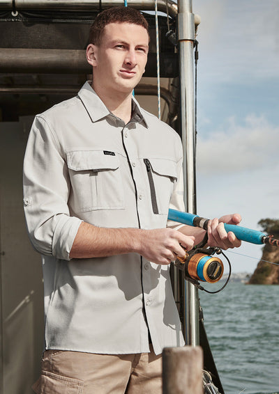Syzmik Outdoor LS Shirt: light gray mens outdoor long sleeve fishing shirt