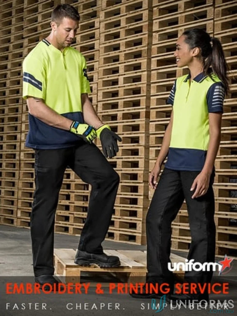 Two-tone work uniforms featuring Syzmik Mens Plain Utility Pants ZW002 with wide belt loops