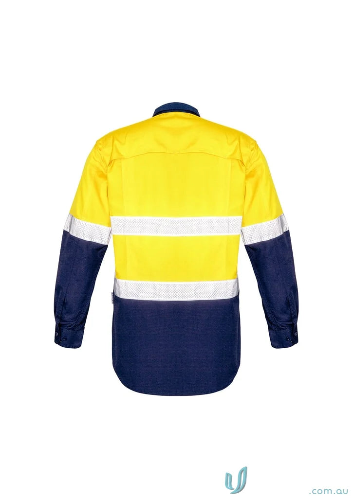 Yellow and navy blue Syzmik Rugged Cooling Vis Taped Long Sleeve Shirt for work