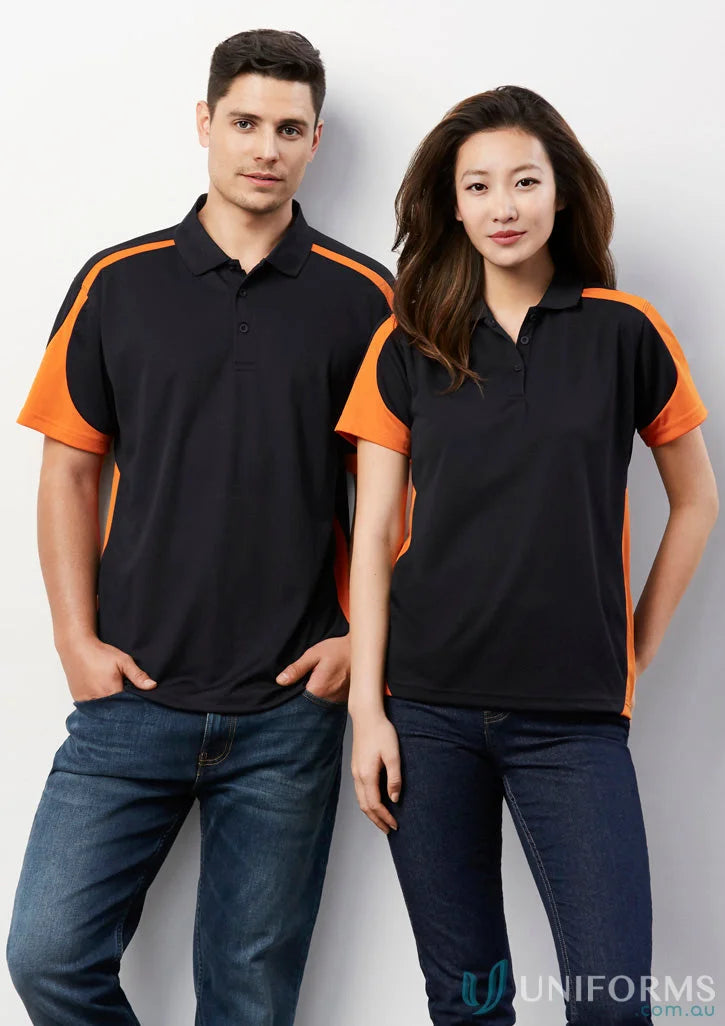Matching black and orange Talon Polo shirts from Biz Cool Collection Talon