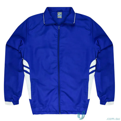 Blue and white athletic jacket from Tasman Mens Tracktops, perfect for work uniforms