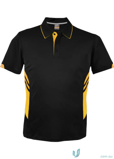Black Thames dark polo shirt with yellow trim and bold diagonal stripes perfect for workwear uniforms