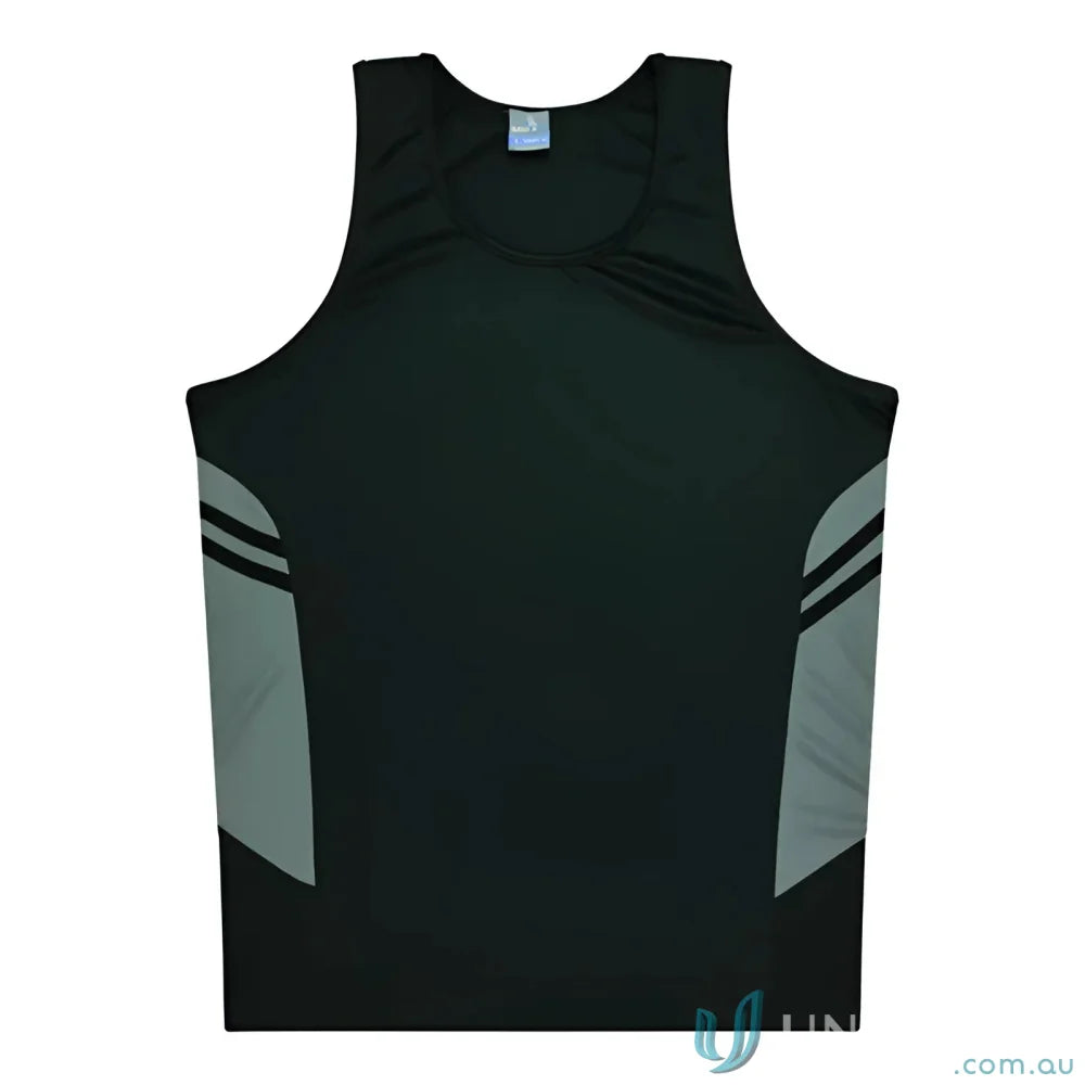 Tasman Singlet black and gray athletic tank top perfect for uniforms or workwear