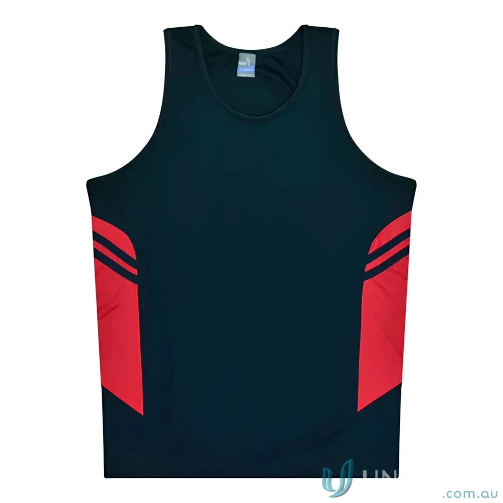 Tasman Singlet black and red athletic tank top ideal for uniforms or workwear