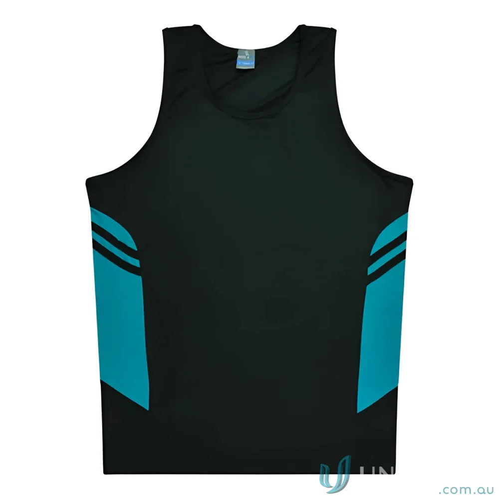 Black and teal Tasman Singlet athletic tank top for uniforms and workwear