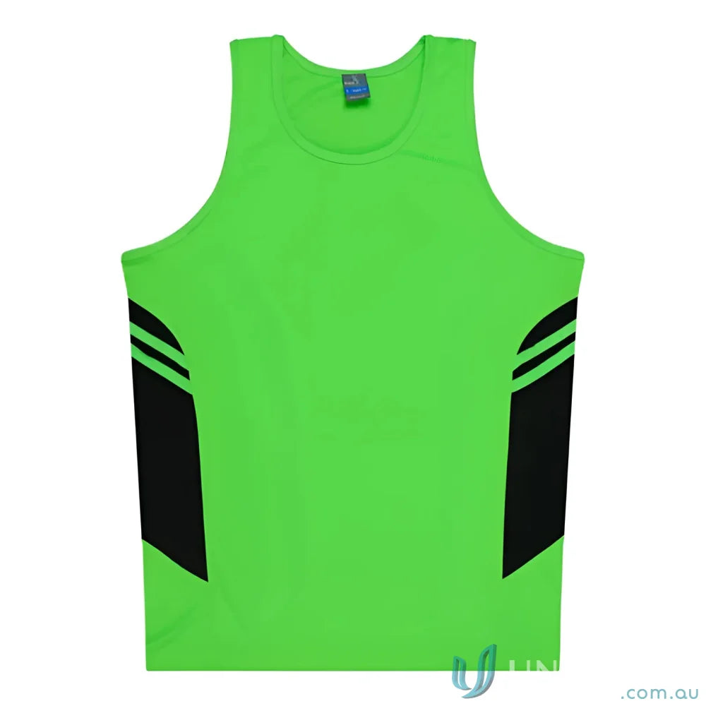 Tasman Singlet green and black athletic tank top perfect for uniforms or workwear