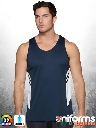 Navy and white Tasman Singlet athletic tank top for uniforms or workwear style