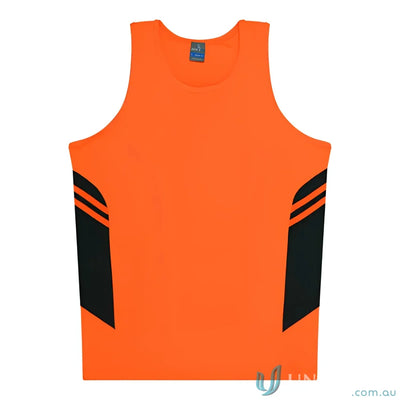 Orange and black Tasman Singlet athletic tank top perfect for sports uniforms and workwear