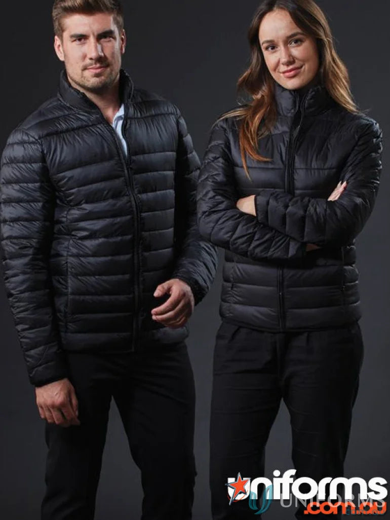 Two people in black puffer jackets with enhanced thermal properties and interior storage