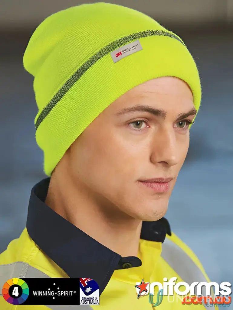 Hi-vis yellow Thinsulate™ Cuff Beanie with reflective stripe perfect for winning spirit thinsulated comfort