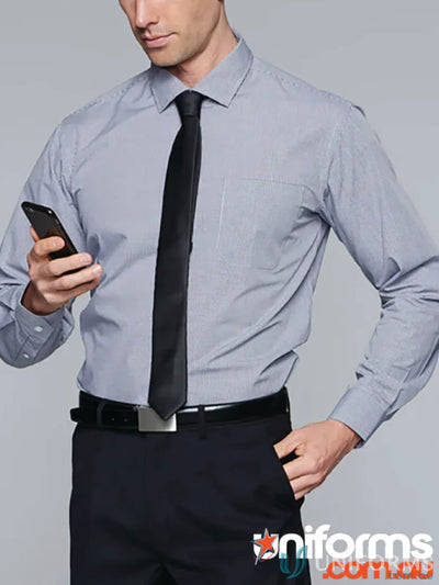 Man in gray shirt and black tie wearing Toorak L/S Shirt, perfect for uniforms