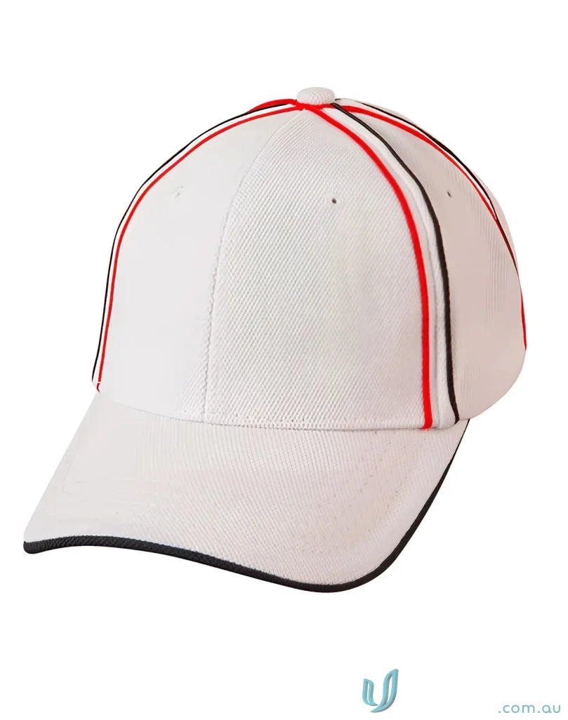 White pique mesh cap with red and black trim for a stylish Mesh Cap look