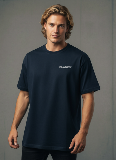 Navy blue crewneck truck oversize tee with white planet logo on chest ideal for casual uniforms and workwear