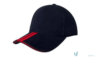 Dark blue Two Striped Peak and Sandwich Cap with red trim and two striped brim