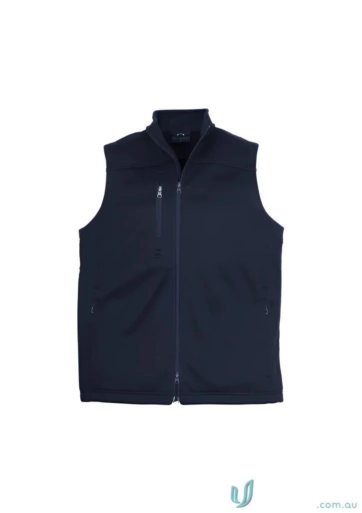 Mens softshell vest from Biz Tech, stay warm with this dark blue sleeveless zip-up vest