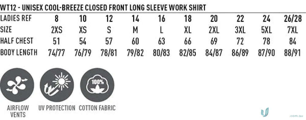 Cool Breeze Closed Front Shirt size chart