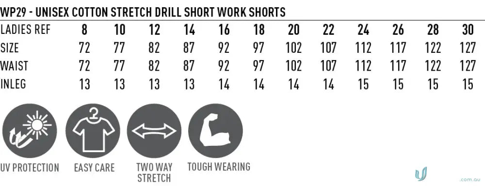 Womens Cotton Stretch Cuffed Short size chart