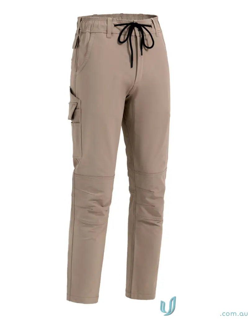 Unisex DWR water repellent flexi work pants with khaki cargo style and knee panels